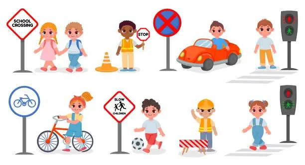 Vector illustration of School kids street safety, signs and crosswalk rules. Traffic light go and stop signal. Kid bike and car. Cartoon road education vector set