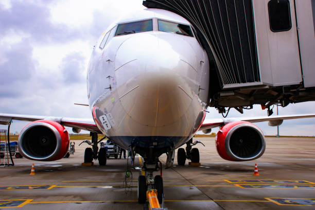 istock Aircraft docked in airport at terminal gate waiting for passengers to arrive aboard 1353629335