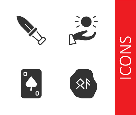 Set Magic runes Dagger Playing cards and Ball levitating above hand icon. Vector.