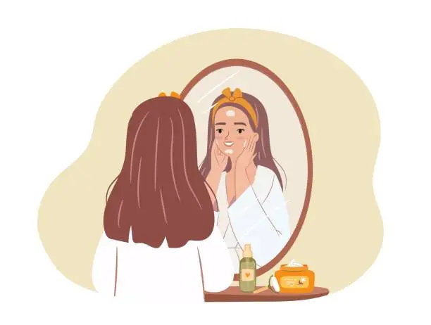 Vector illustration of Woman doing beauty routine. Face care concept. Girl applying a mask in front of mirror