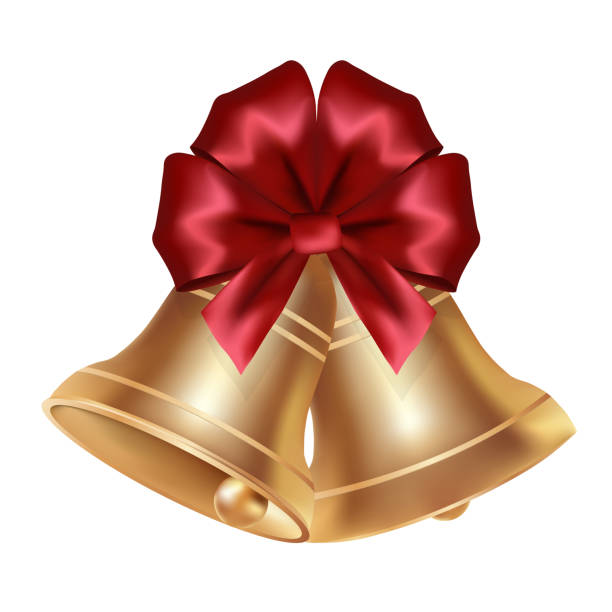 istock Volumetric realistic golden Christmas bell with red bow 1353629773