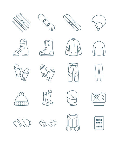 ilustraciones, imágenes clip art, dibujos animados e iconos de stock de conjunto de contornos kit de equipos de esquí y snowboard iconos vectoriales de ropa para diseño web aislado sobre fondo blanco - snow gear