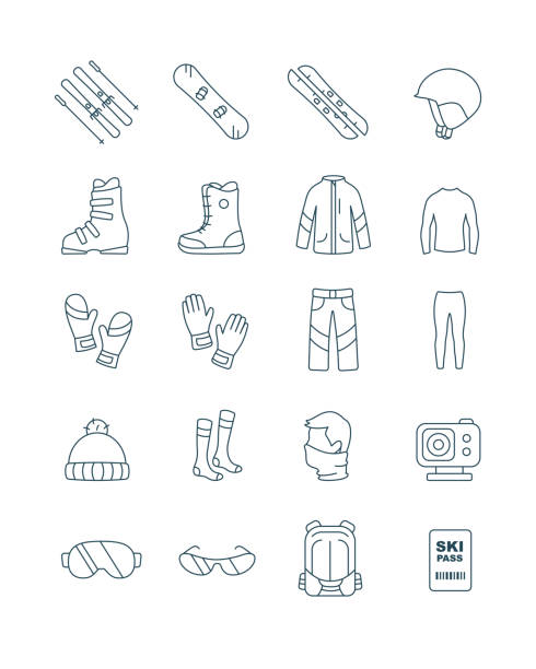 흰색 배경에 격리 된 웹 디자인에 대한 윤곽 세트 스키 및 스노우 보드 장비 키트 옷 벡터 아이콘 - snowboard boot stock illustrations