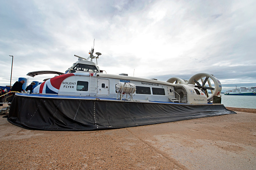 Ryde, Isle of Wight, England, UK - October 01, 2022: A Hovercraft leaving the Terminal