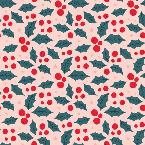 홀리 베리와 크리스마스 겨울 원활한 패턴 - christmas holly backgrounds pattern stock illustrations