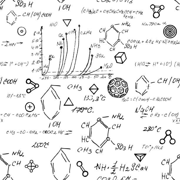 illustrations, cliparts, dessins animés et icônes de fond de motif sans fin sans couture avec des formules chimiques manuscrites, des relations chimiques ou des règles exprimées en symboles, matière diverse, composés, composés d’atomes, de molécules et d’ions. vecteur. - molecular structure molecule formula chemical