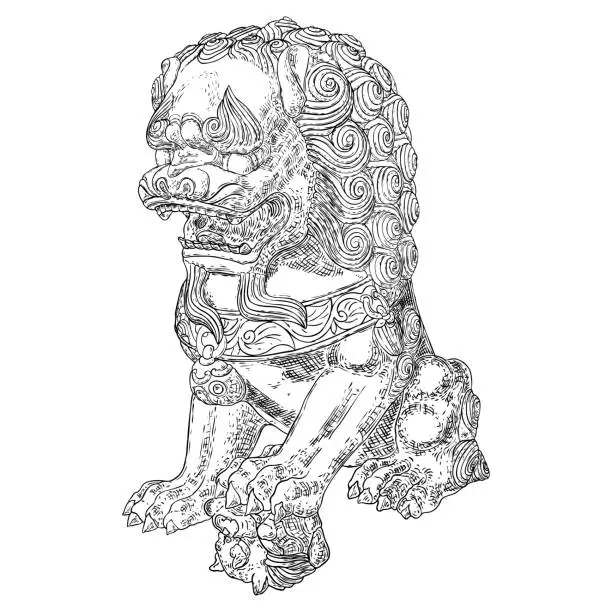 Vector illustration of Stone lion of China statue. Drawing of lion guarding. Chinese guardian lion believed to have powerful mythic protective powers. Used in Imperial palaces and tombs, government offices, temples. Vector