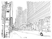 istock City of Toronto architecture in Canada. Summer street scape. Hand drawing of the famous tourist Young street illustration. Cityscape with down town business landmarks, sights and skyscrapers. Vector. 1353638651
