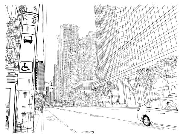 City of Toronto architecture in Canada. Summer street scape. Hand drawing of the famous tourist Young street illustration. Cityscape with down town business landmarks, sights and skyscrapers. Vector. City of Toronto architecture in Canada. Summer street scape. Hand drawing of the famous tourist Young street illustration. Cityscape with down town business landmarks, sights and skyscrapers. Vector. telephone line illustrations stock illustrations