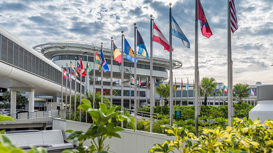 Miami, USA - November 15, 2021: View of the Miami International Airport parking facilities. It is the largest gateway between the United States and south to Latin America and the Caribbean, and is one of the largest airline hubs in the United States.