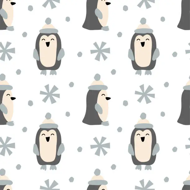 Vector illustration of Christmas Penguin and snowflakes vector seamless scandinavian pattern. Cute kids winter background. For children fabric textile, cloth, backdrop, wallpaper. Printable format