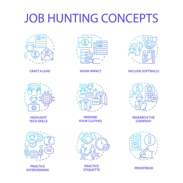 Job hunting blue gradient concept icons set Job hunting blue gradient concept icons set. Attracting talents idea thin line color illustrations. Human resource. Writing cv. Apply for job. Interviewing. Vector isolated outline drawings recruitment agency stock illustrations