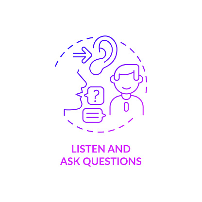 Listen and ask questions purple gradient concept icon. Job interview preparation abstract idea thin line illustration. Answer questions. Give response. Vector isolated outline color drawing