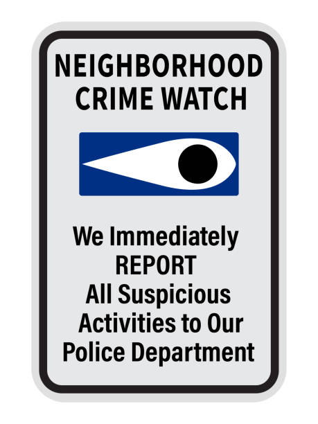 Neighborhood crime watch sign. We immediately report all suspicious activities to police department. Neighborhood crime watch sign stickers. Neighborhood crime watch sign. We immediately report all suspicious activities to police department. Neighborhood crime watch sign stickers. neighborhood crime watch stock illustrations