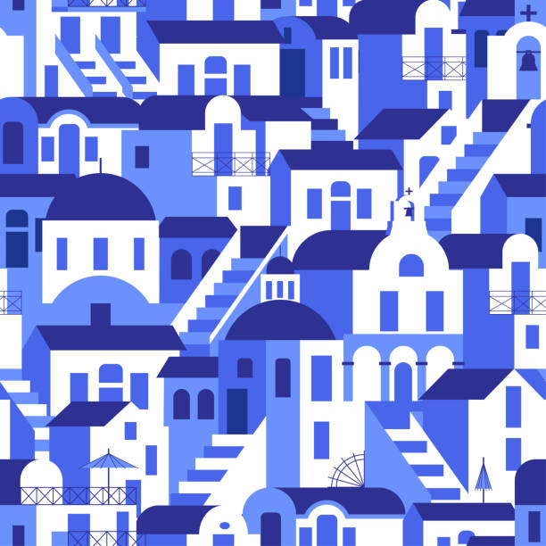 Seamless pattern with blue-white houses, mill, church, arch, steps. Vector illustration in flat style for touristic industry. Seamless pattern with blue-white houses, mill, church, arch, steps. Vector illustration in flat style for touristic industry. santorini stock illustrations