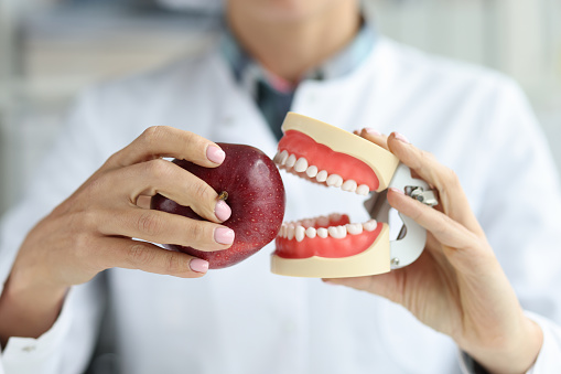 El médico dentista sostiene la mandíbula artificial y el primer plano de la manzana roja photo