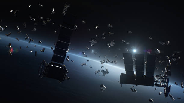 3D Render of space debris around planet Earth