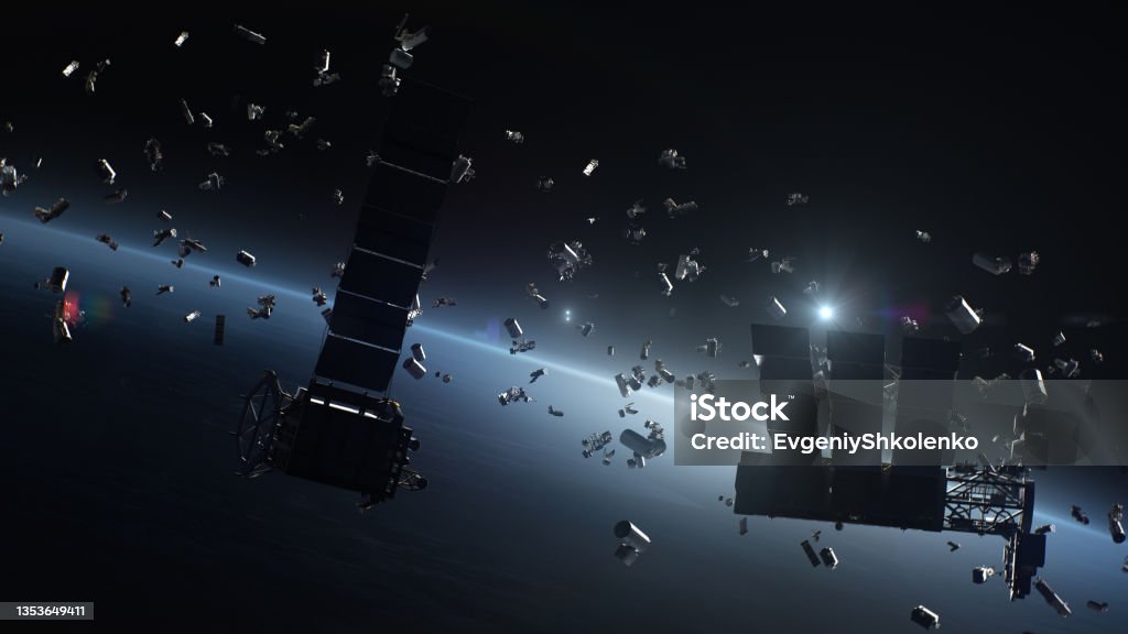 3D Render of space debris around planet Earth 3D render of waste from broken artificial satellites floating in orbit in space around planet Earth Outer Space Stock Photo