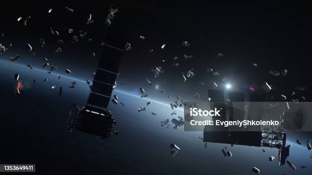3d Render Of Space Debris Around Planet Earth Stock Photo - Download Image Now - Outer Space, Garbage, Ruined