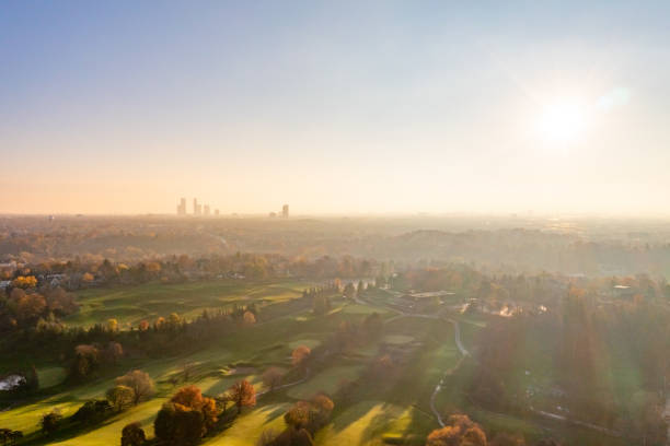 aerial view of residential distratic at rutherford road and islinton ave., detached and duplex house, woodbridge, vaughan, canada - deciduous tree autumn canada house imagens e fotografias de stock