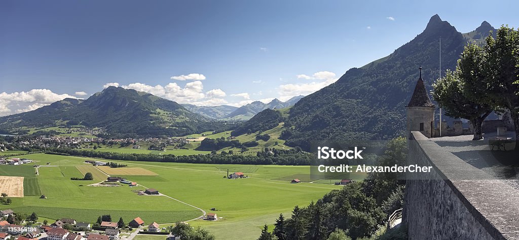 Vista panorámica del paisaje rural, queso Gruyere-Suiza - Foto de stock de Agricultura libre de derechos