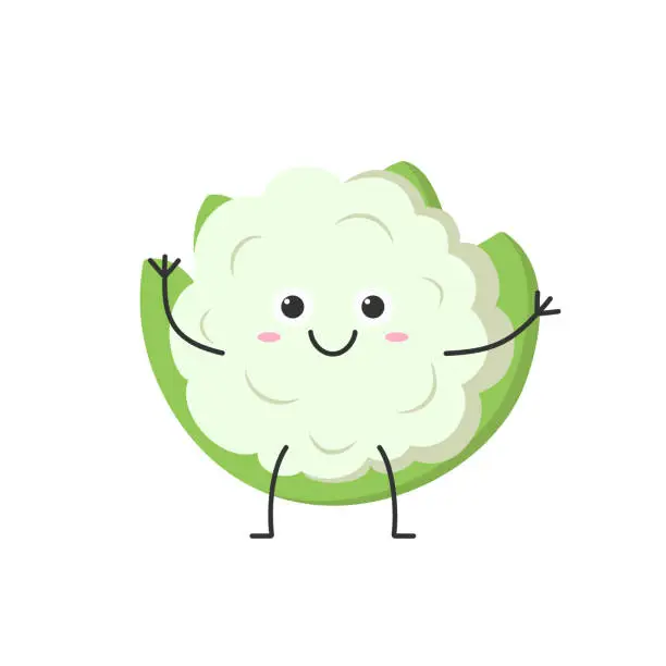 Vector illustration of Cauliflower cute character cartoon hand greeting smiling face happy joy vegetable cabbage emotions icon vector illustration.