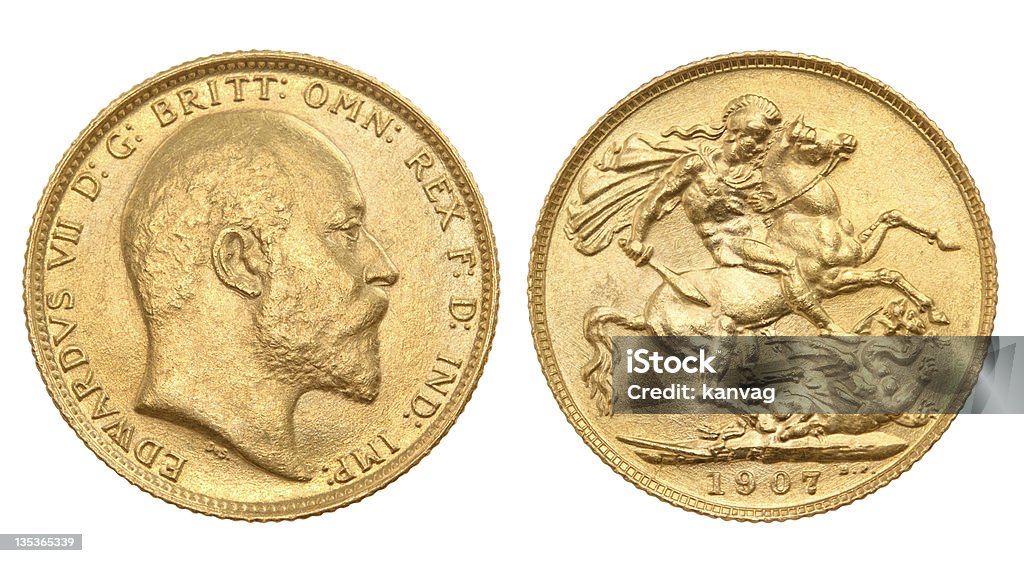 Brytyjskie gold sovereign - Zbiór zdjęć royalty-free (Białe tło)