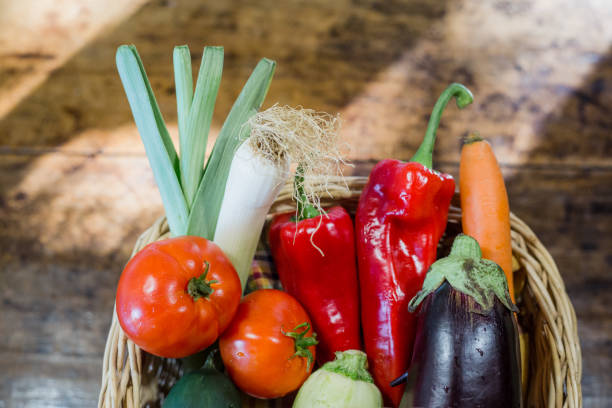 istock Fresh vegetables in a wooden wicker basket on the kitchen counter 1353653715