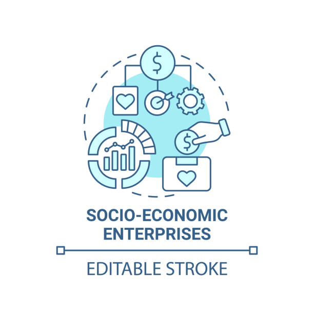 Socio economic enterprises blue concept icon Socio economic enterprises blue concept icon. Social entrepreneur focus abstract idea thin line illustration. Commercial organization. Charity. Vector isolated outline color drawing. Editable stroke socio economics stock illustrations