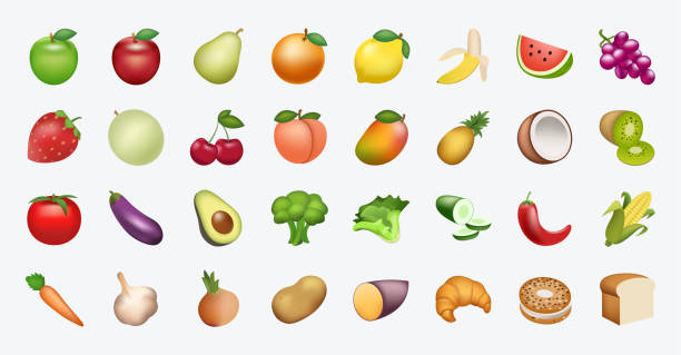 Fruits emoji set Food and beverages, fruits symbols, emojis, emoticons, stickers, icons Vegetables, cakes, vector illustration flat icons set, collection, pack group of objects stock illustrations