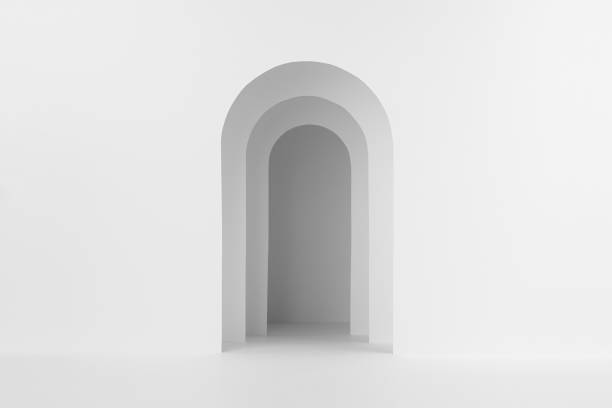 istock Abstract white stage mockup with blank contrast arch for presentation cosmetic product, design, advertising in modern minimal simple style. 1353657499