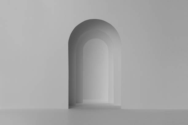 istock Abstract scene template with white and grey arch gate with shadow for presentation cosmetic product, design, advertising in elegant minimal geometric style. 1353657523