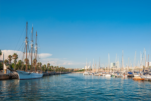 Royal Yacht Club of Barcelona. Yachts against the backdrop of blue clear skies and azure waters of the sea.