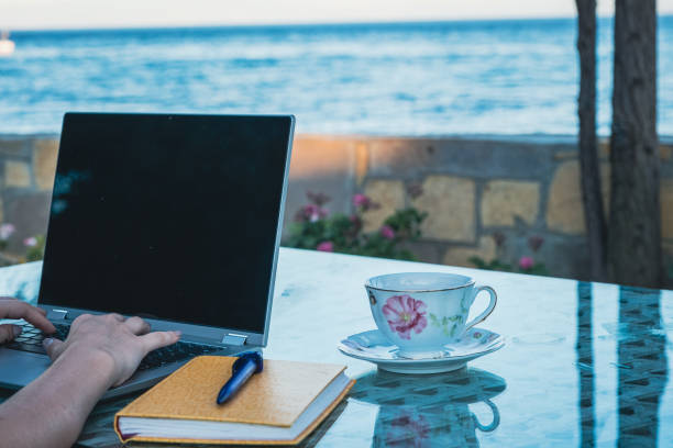 istock freelancer professional woman working seaside from notebook with high technology 1353658983