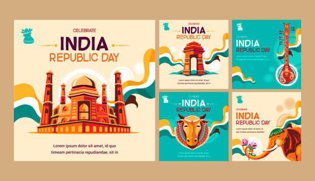 인도 공화국의 날 소셜 미디어 포스트 개념 - taj mahal india gate palace stock illustrations