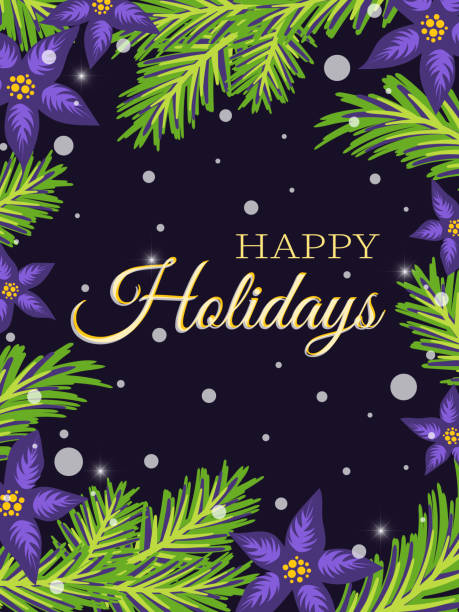 楽しい休暇をお過ごしください。お正月の冬の日のグリーティングカード。平らなスタイルで緑のクリスマスツリーの枝や花は、フレームを作成します。ベクトル。 - christmas christmas tree flower frame点のイラスト素材／クリップアート素材／マンガ素材／アイコン素材