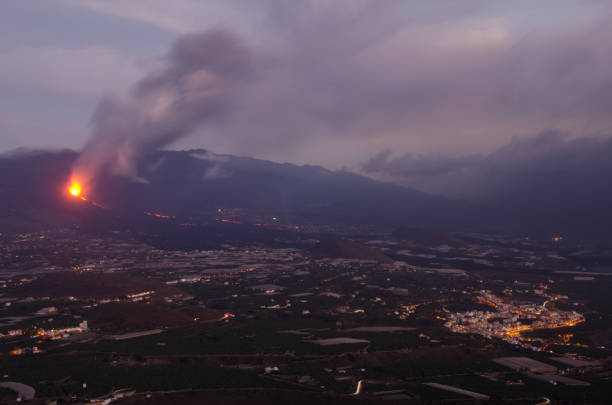 Volcanic eruption of Cumbre Vieja, Aridane Valley and the village of Tazacorte. stock photo