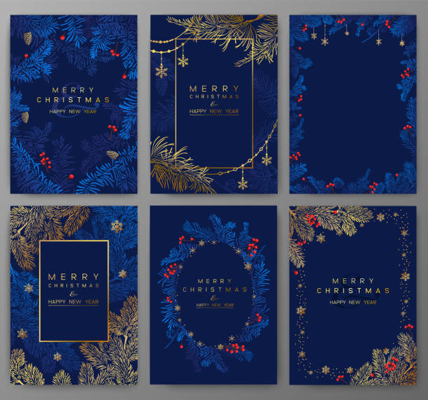 Vector set of Christmas cards with golden branches of Christmas tree and snowflakes. Christmas deep blue Poster set. Vector of Christmas cards with golden branches of Christmas tree and snowflakes. invitation stock illustrations