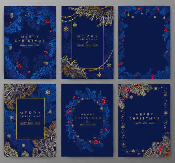 Vector set of Christmas cards with golden branches of Christmas tree and snowflakes. Christmas deep blue Poster set. Vector of Christmas cards with golden branches of Christmas tree and snowflakes. traditional christmas stock illustrations