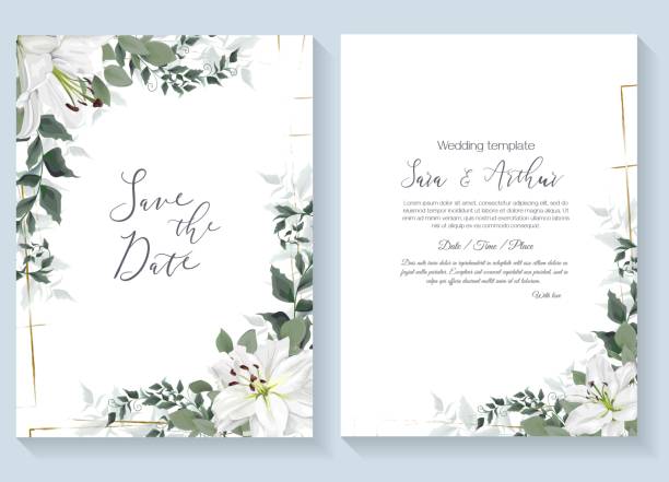 Vector floral template for wedding invitation Vector floral template for wedding invitation. White royal lilies, eucalyptus, green plants and leaves. Gold polygonal frame. lily stock illustrations