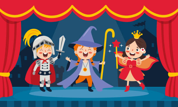 ilustrações de stock, clip art, desenhos animados e ícones de theater scene with cartoon characters - entertainment clown child circus