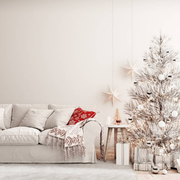 intérieur de noël avec arbre de noël blanc et fond mural blanc vide - home interior sparse contemporary sofa photos et images de collection