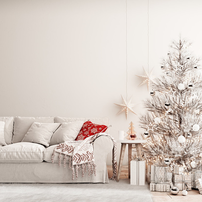 Christmas interior with white Christmas tree and empty white wall background 3D Rendering, 3D Illustration
