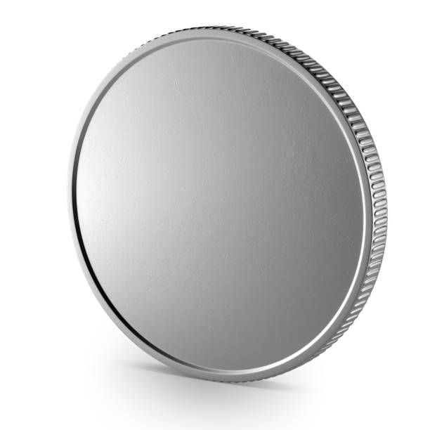 istock Blank template for a silver coin or medal with a metallic texture. The coin is turned sideways. 3D rendering. 1353666081