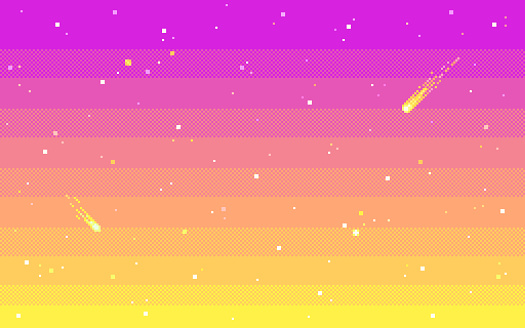 Sunset sky with stars and comets. Cosmic seamless background in pixel art. Vector illustration.