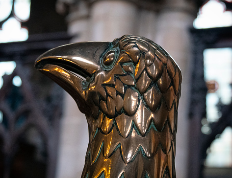 The head of a 15th century brass eagle lectern in King’s Lynn Minster, St Margaret’s Church, King’s Lynn, Norfolk, Eastern England.