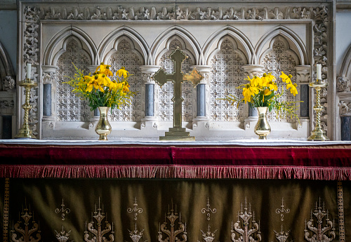 A high altar in an English parish church with ornate stone retable, gilded cross and candle sticks, and vases of bright yellow daisy type flowers.