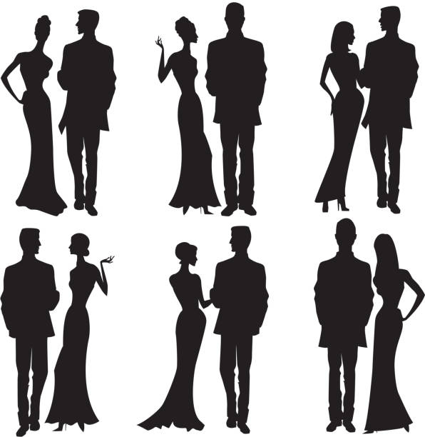 Silhouette couples dresses up, party dress, formal vector art illustration