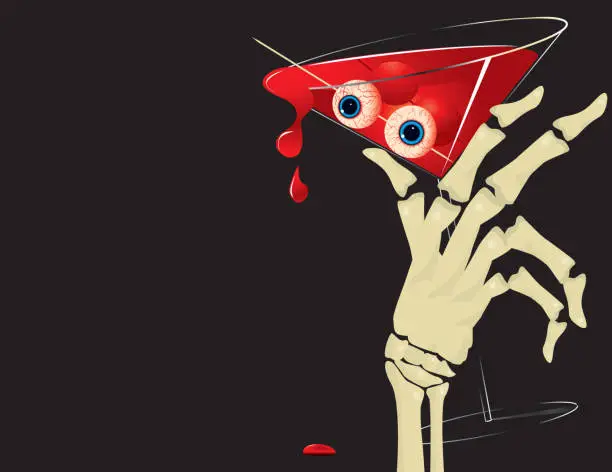 Vector illustration of Halloween Blood Martini, hand skeleton, bloodshot eyes