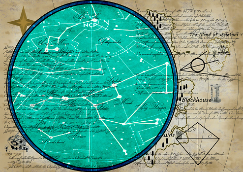 An old map of the starry sky with handwritten notes, map fragments and drawings